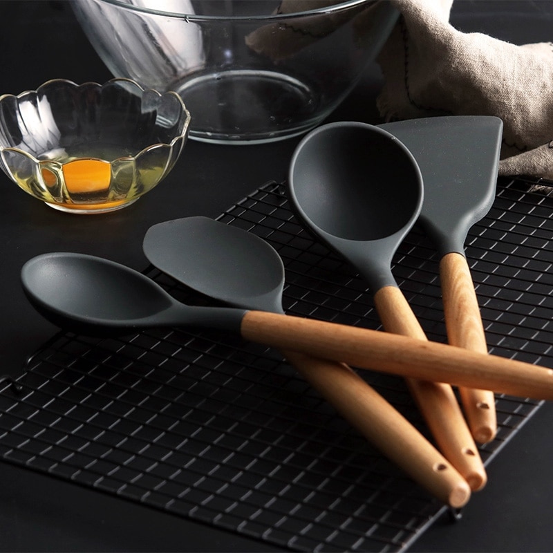 Siliconen Kookgerei Houten Handvat Non-stick Spatel Turner Soeplepel Garde Keuken Koken Tools Gadget