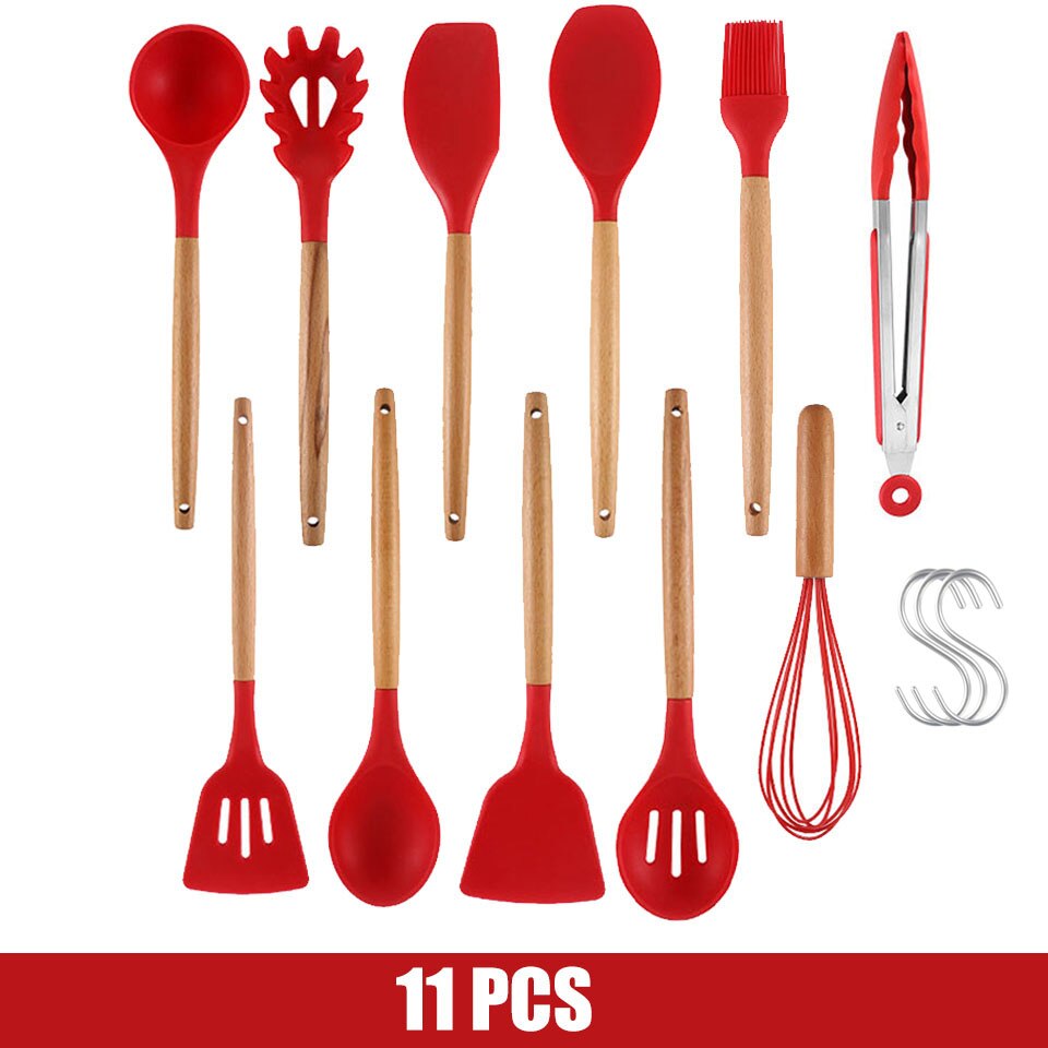 Cooking Tools Silicone Utensils Set Turner Tongs Soup Spoon Brush Non-stick Shovel Oil Spatula Kitchen Tool Set Red: 11PCS