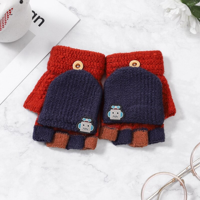 5-12 Years Winter Kids Warm Gloves Children Knitted Stretch Mittens Boy Girl Patchwork Elastic Fingerless Children Winter Gloves: Navy Red