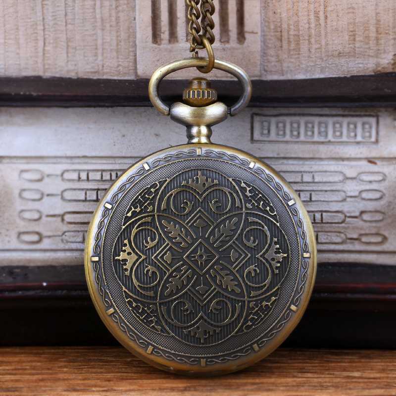 8970 Pocket Watch With Vintage Pattern Bronze Fine Chain Vintage Fine Carved Quartz Pocket Watch With Necklace For Men And Women: Default Title