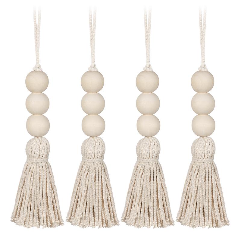 Adorno de cuentas de madera con borlas, tirador de puerta decorativo de algodón, colgante de cuentas con borlas para armario y porche, 4 Uds.