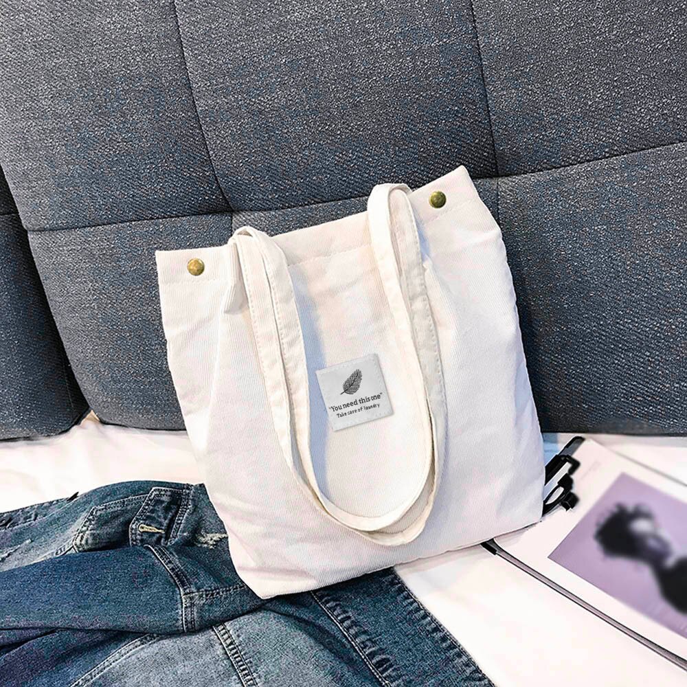 Transer Vrouwen Schoudertas Hoge Capaciteit Corduroy Tote Dames Pure Handtas Opvouwbare Herbruikbare Shopping Reizen Strandtas # Yy: White