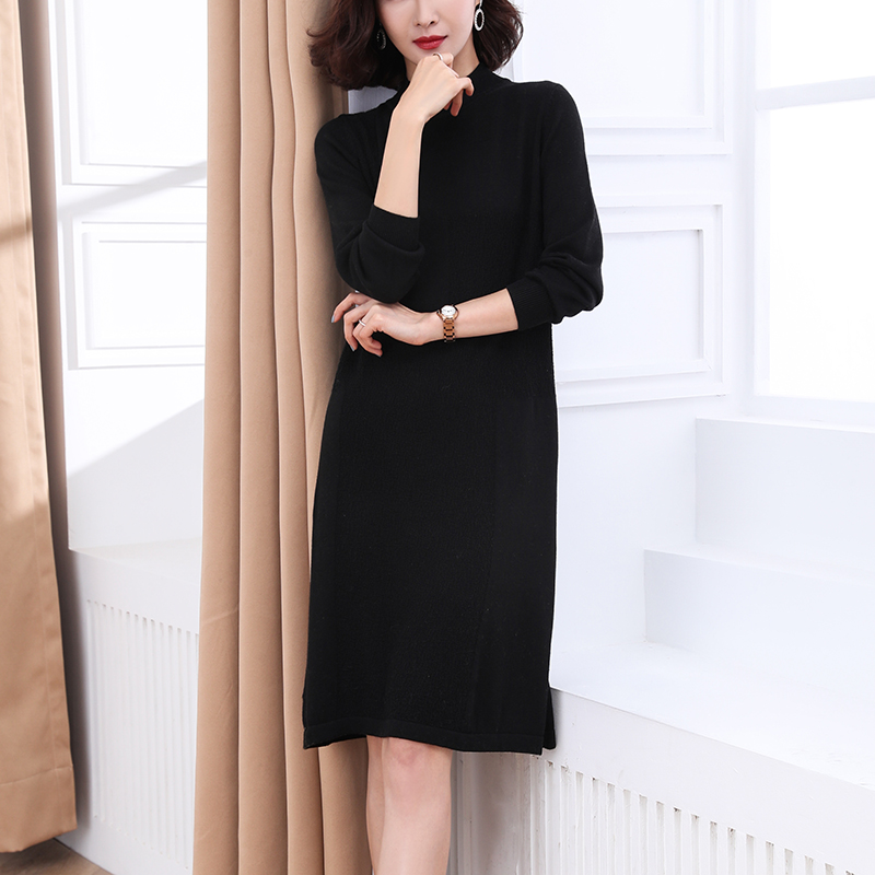 Women Autumn Winter solid wool Dress Long Sleeve loose Knitted Sweaters turtleneck Dresses