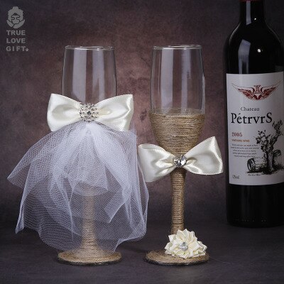 2 st set bröllopsglas linne kristall bröllop champagneglas spetsklänning bägare rödvin glas kopp bröllopsdekoration: 1