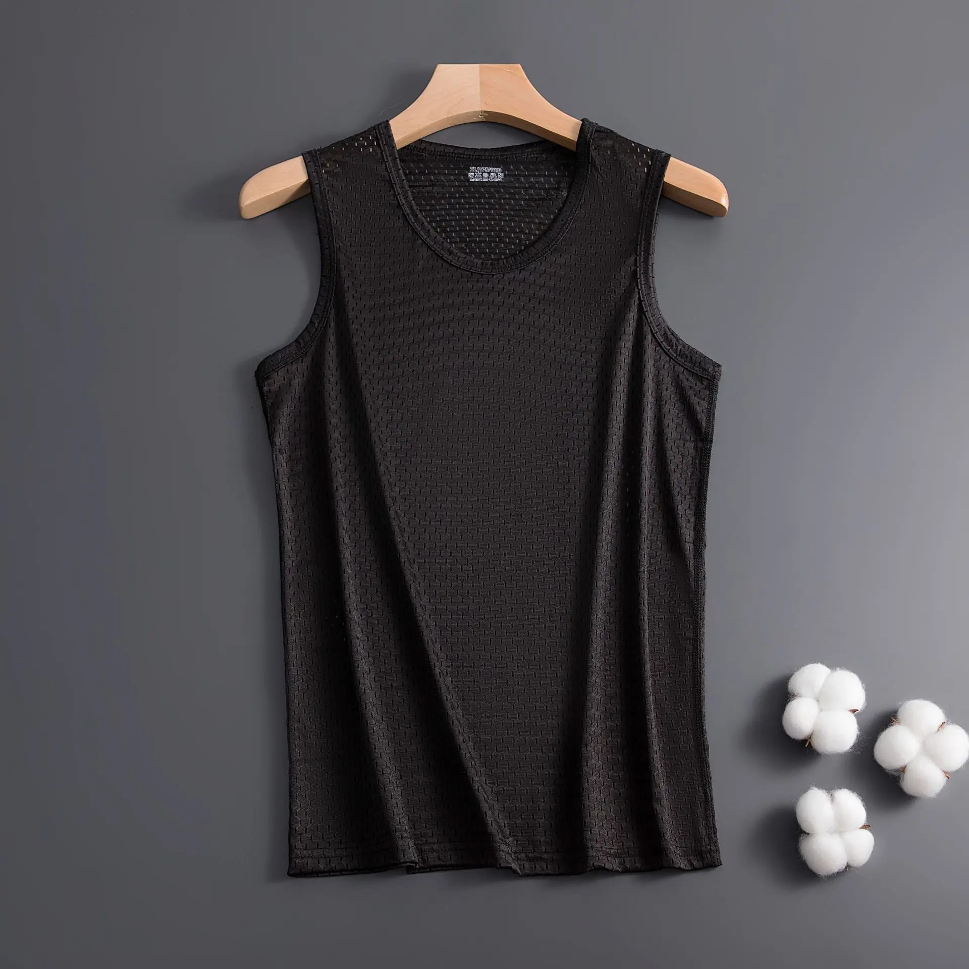 Chaleco de malla para hombre, camisetas sin mangas de culturismo de secado rápido de seda helada, chaleco estrecho sin mangas para Fitness, camisetas deportivas informales para Fitness: 5 XL / Negro