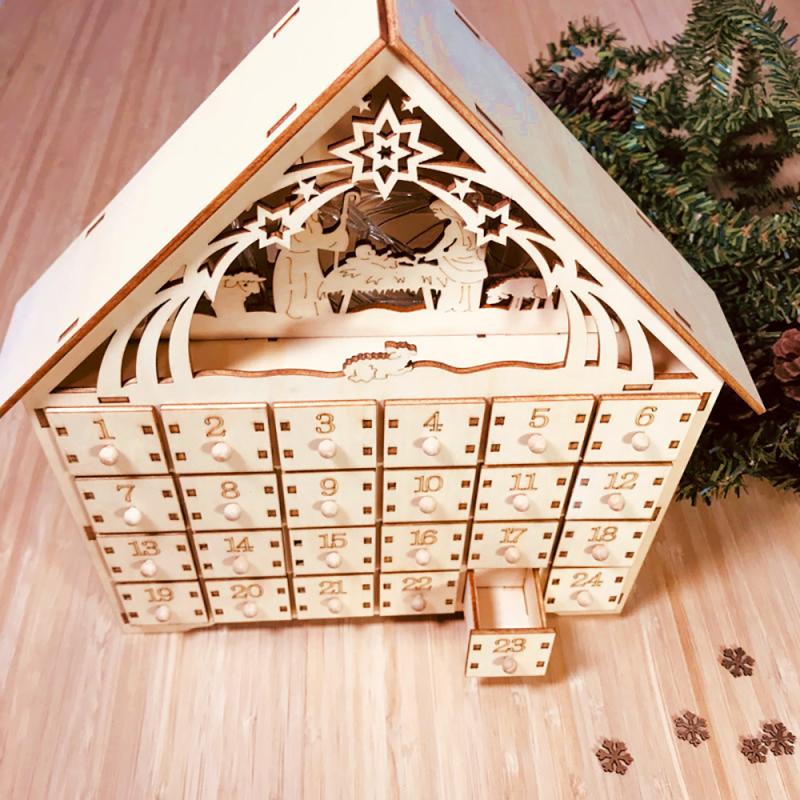 Træ adventskalender nedtællingslys jul 24 udtræksskuffer led lys julepynt adventskalender