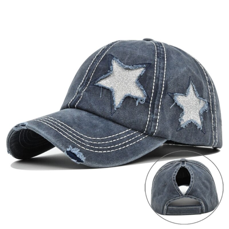 Vrouwen Gewassen Baseball Cap Glitter Ster Borduurwerk Verontruste Paardenstaart Gat Hoed: Marineblauw