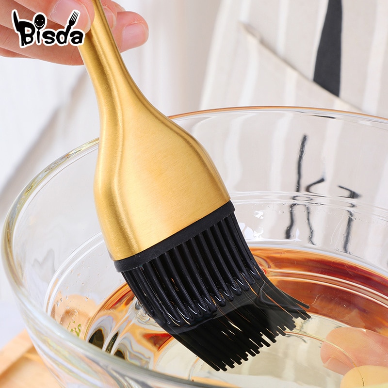 Cepillo de aceite con mango de acero inoxidable, cepillo de silicona dorado, herramientas para parrilla de barbacoa y pastelería, utensilios para hornear de cocina, 1 ud.