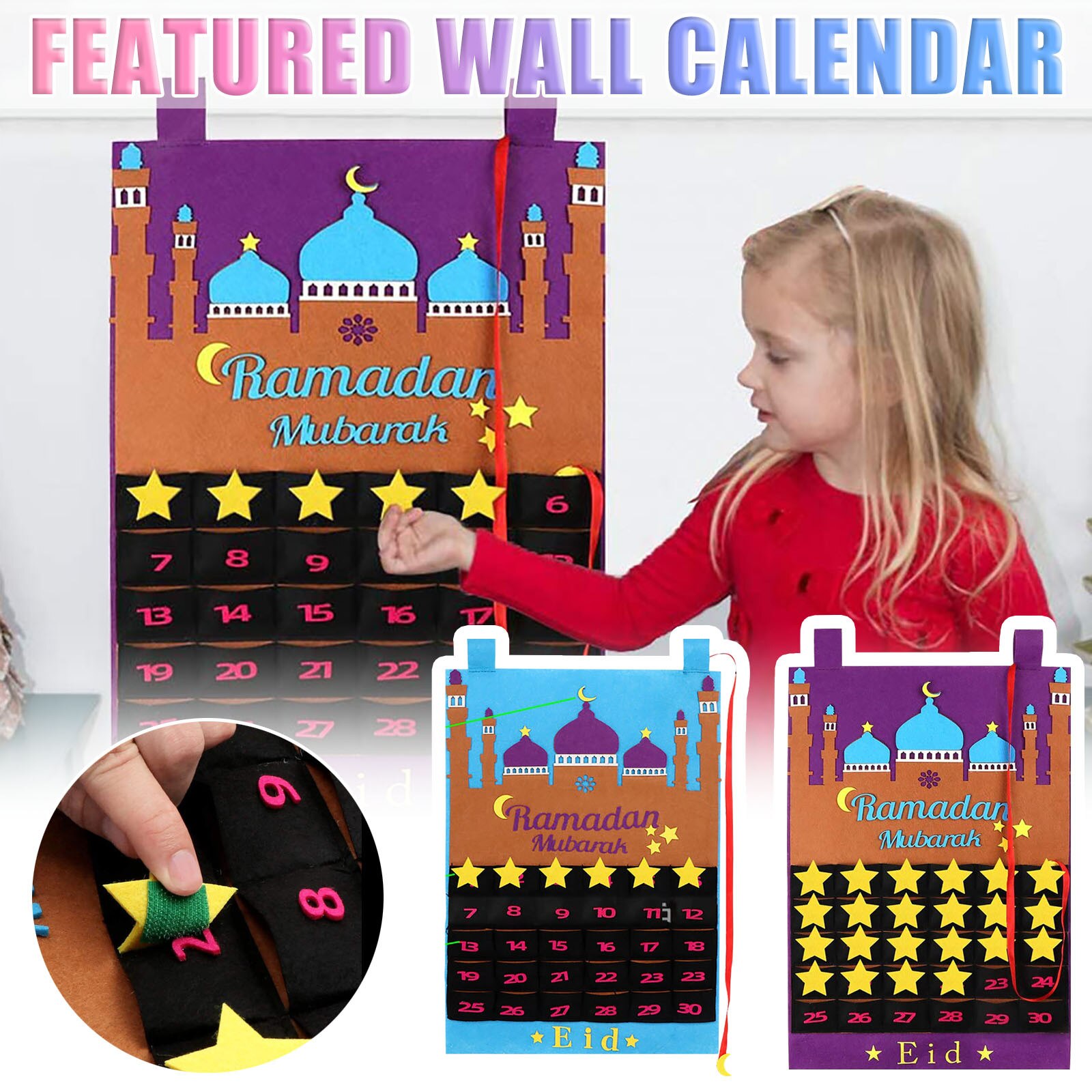 Hanging Felt 30 Day Living Room Eid Mubarak Muslim Home Decor Ramadan Calendar Countdown for Kids Party Decorations: G