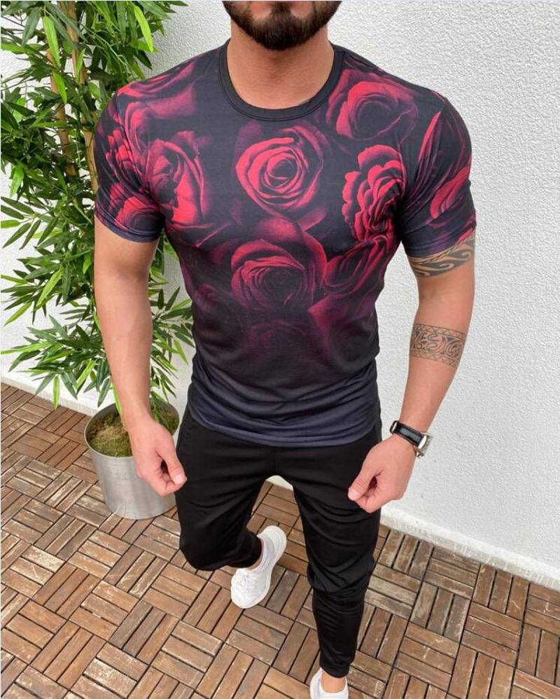 Merkki miesten vaatteet kaltevuus kukkia print slim fit miesten t-paita kesäinen o-neck fitness lyhythihainen t-paita miehelle: Punamusta / Xxxl