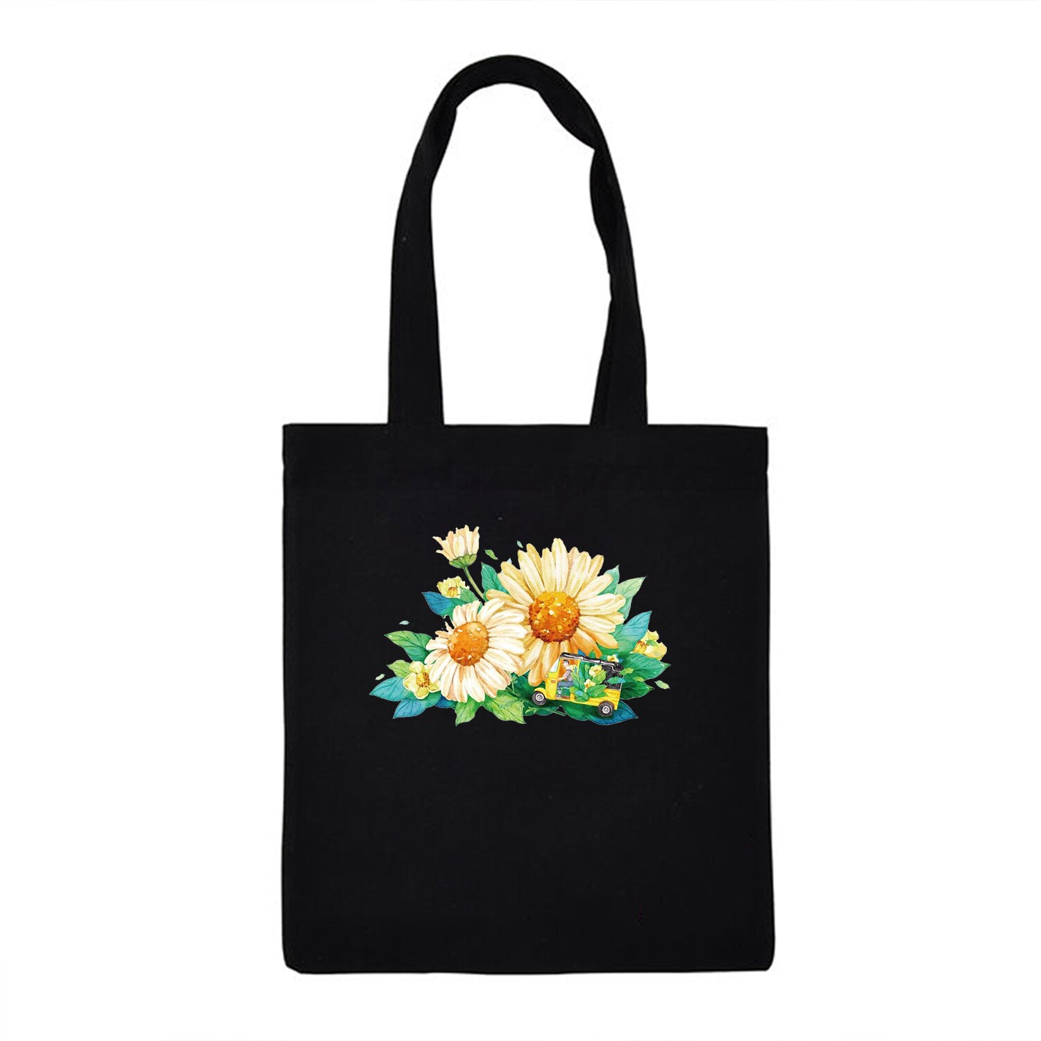 Dames boodschappentas dames canvas schoudertas eco tas herbruikbare tas shopper tassen studenten boekentas bloem plant melodie: B21-27 zwarte