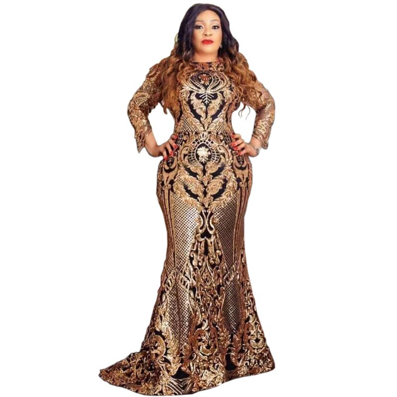 African Dresses For Women Evening Dress Black Golden Sequins Beaded Formal Long Evening Party Dress Africa Clothing