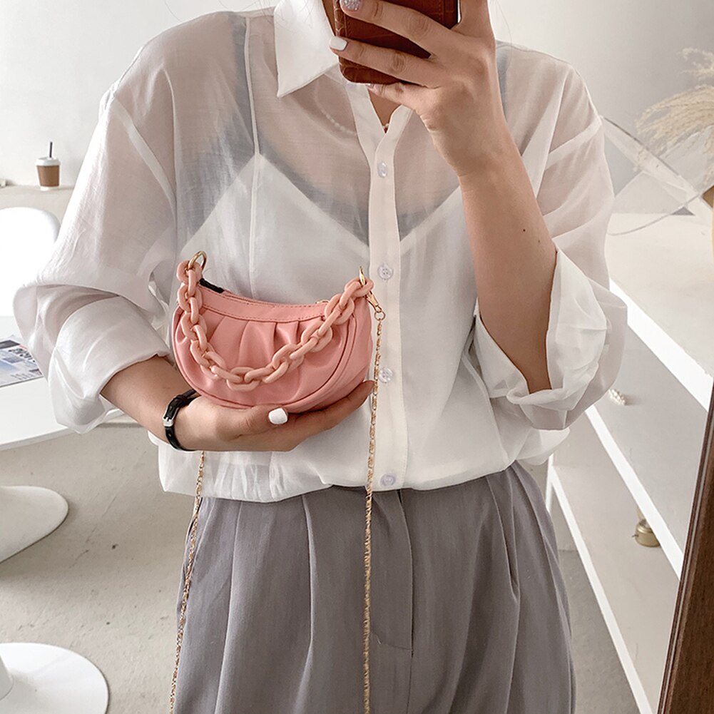 Vintage damen-umhängetasche mit falten, einfarbig, kette, schultertasche aus pu-leder, lässige kleine hobo-handtasche