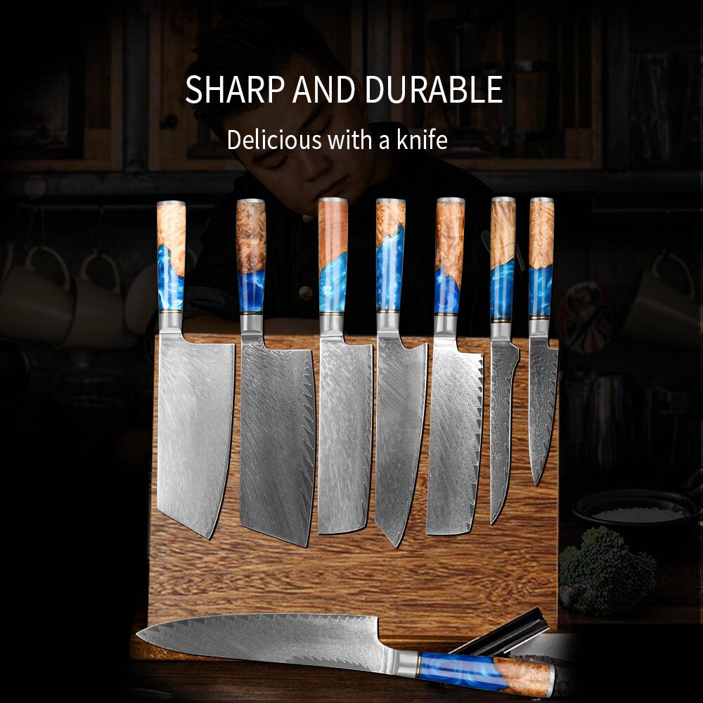 MOKYING Forged Kitchen Knife Set Damascus Steel Chef Knife Chopping Kitchen Knife Peeling Bread Knife Blue Resin Handle