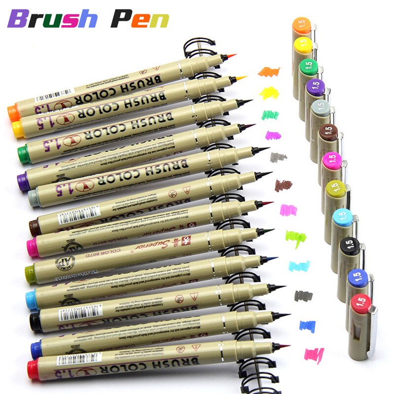 Set van 12 kleuren Aquarel Borstel Pen Waterdichte Soft Tip Waterbrush Tekening Gekleurde Marker Pennen School Art Aupplies Markers