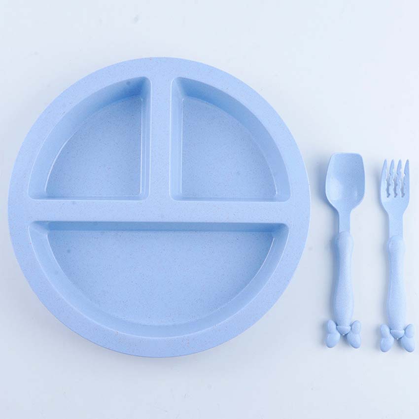 Cartoon Baby Dishes Wheat Fiber Sub-grid Plates Irregular Children Tableware For Infant Toddler Kids Feeding Utensils: Blue Smile Set