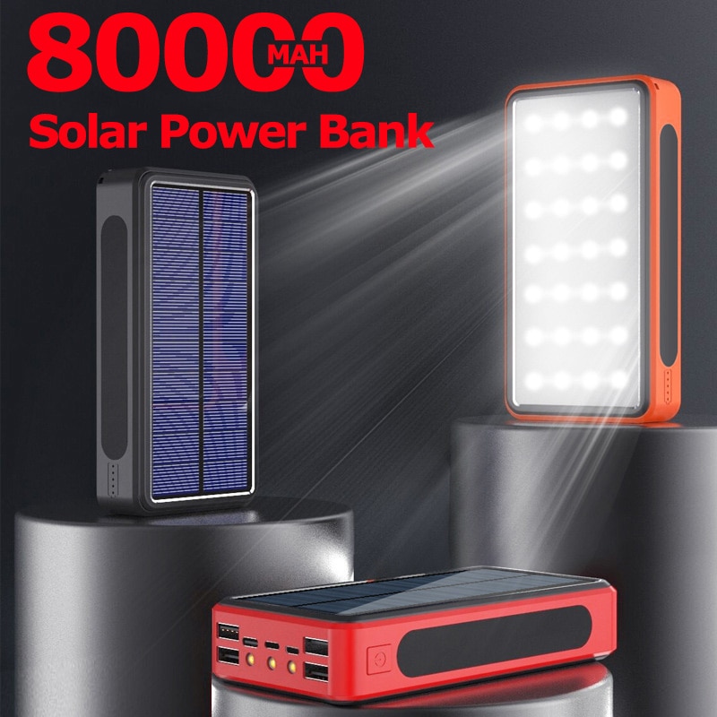 80000mAh Solar Power Bank 4 USB Type C Poverbank Powerful Camping LED Light Portable Charger for IPhone 11 X IPad Samsung