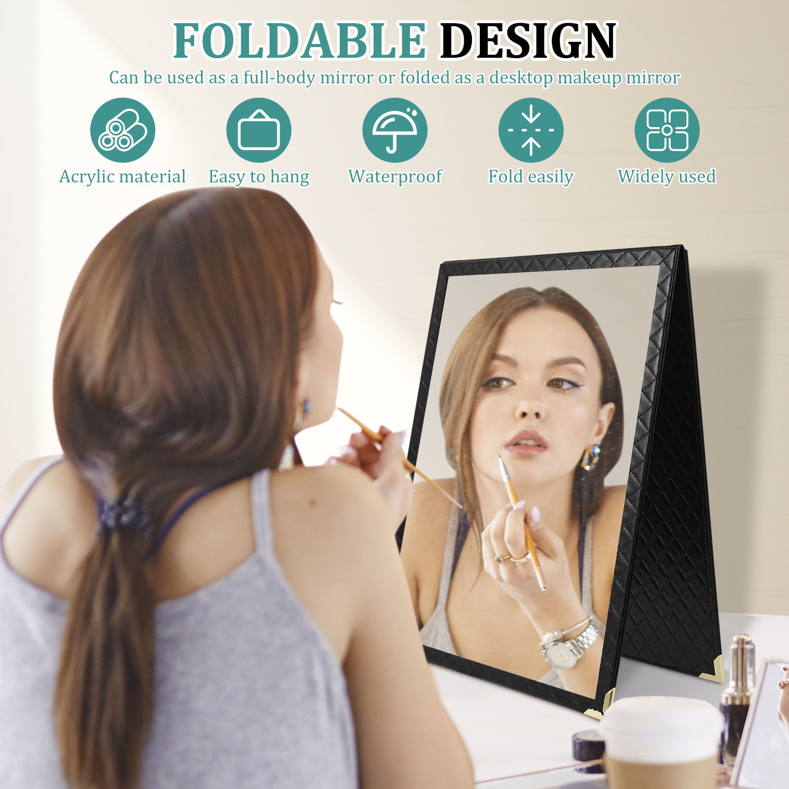 Foldable Full Length Mirror Leather Protection Aluminum Alloy Frame Shatterproof Hanging Mirror for Wardrobe Tent and RV