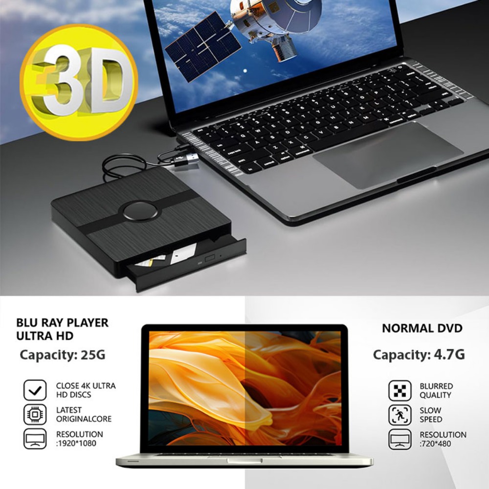 External 3D Blu Ray Drive Portable Blu ray Player 2 in 1 USB 3.0 CD DVD Read/Write Bruner Compatible with Win11/10/8/7, Mac OS