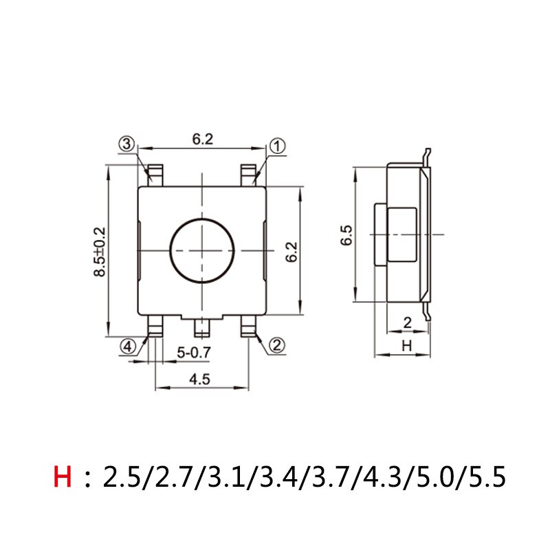 TS-E001 Touch Schakelaar 6.2*6.2*4.3 Vijf-Pin Patch Rode Knop 6X6 Platte seat Smd Disc Vlecht Diy Handgemaakte Accessoires