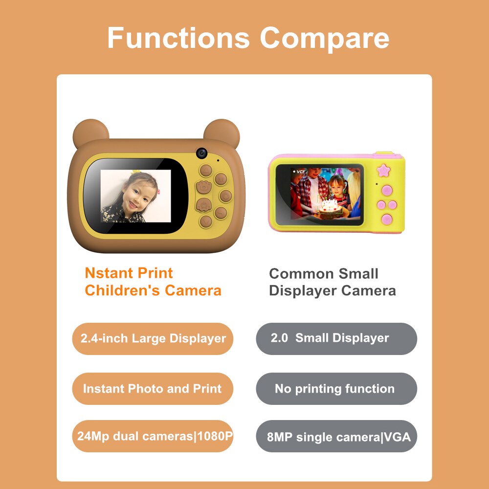 Instant Print Digital Camera Cute 24MP 1080P Front Rear Camera 2.4inch IPS Screen Children Camera Mini Cam for Kids