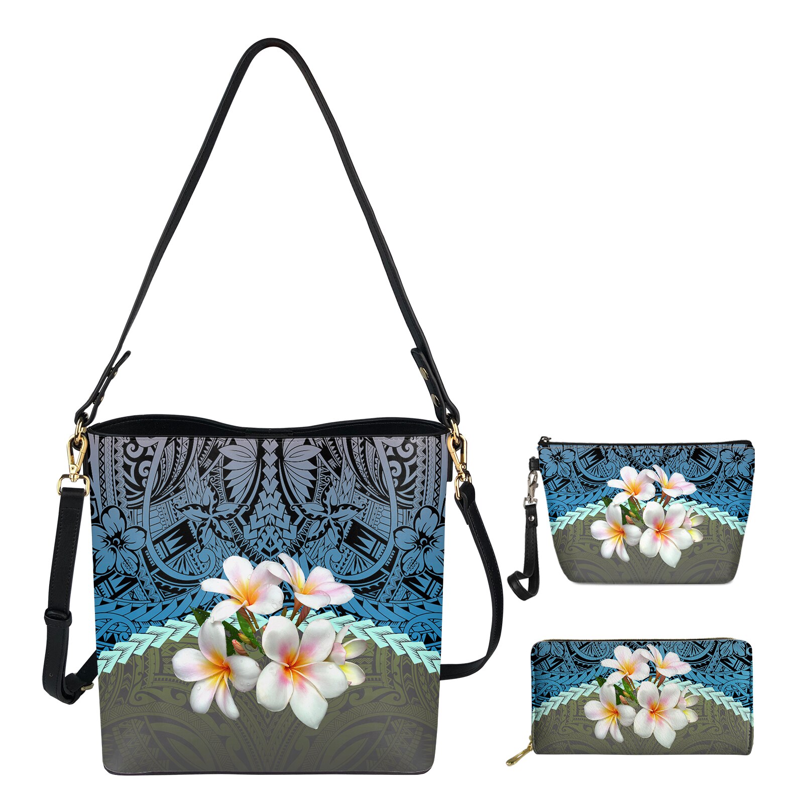 FORUDESIGNS Retro Polynesian Tribal Plumeria Gradienten 3D Druck frauen Handtasche Set Weibliche Reise Schulter Eimer Tasche Mit Geldbörse: Blau / only cosmetic bag