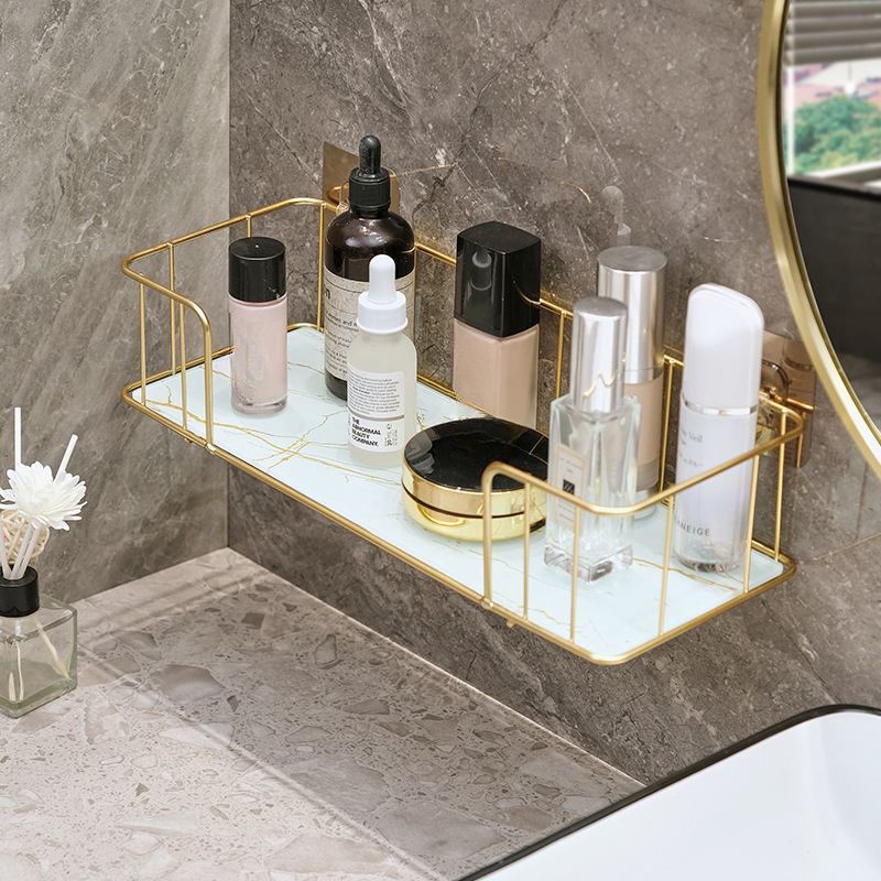 Luxuriöses Badezimmerregal ohne Bohren, Eisen-Wandregal mit Glasplatte Ich bin Marmor-Stil, machen-hoch-Aufbewahrungsregal, Badezimmer-Accessoires