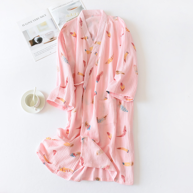 Bata de baño de gasa para mujer, estilo japonés, 100% algodón, bonita bata de baño para el hogar, Kimono largo estampado, ropa de noche para el hogar: print 3 / M