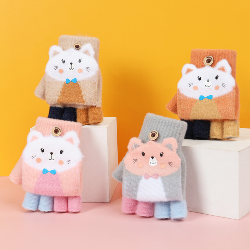 Kids Winter Warm Thicken Handschoenen Meisjes Zachte Half Vinger Cover Dier Vingerloze Handschoenen Outdoor Warme Wanten Handschoenen Voor Kids 5-12Y
