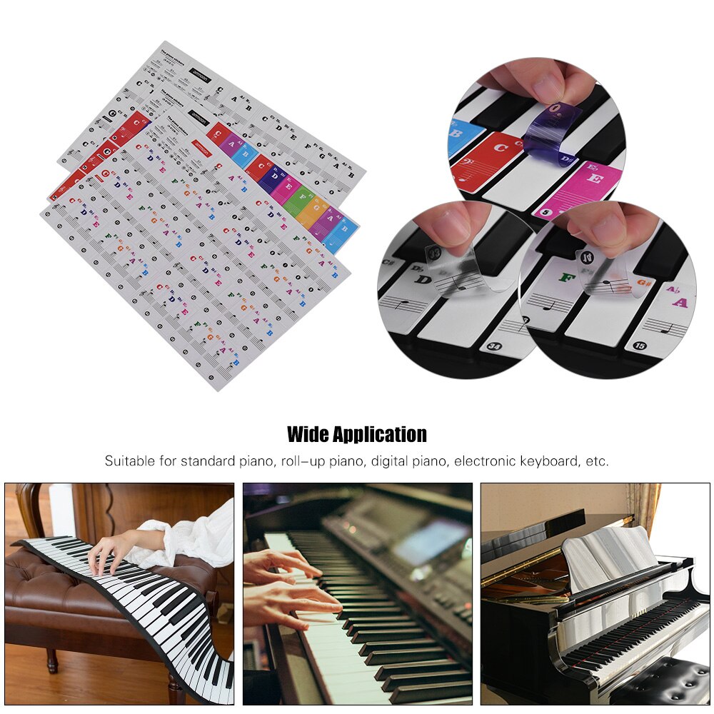 Ammoon-pegatinas de Piano para niños, pegatina de Teclado extraíble para teclados de 37/ 49/ 61/ 88 teclas, transparente, para Aprendizaje de práctica de Piano