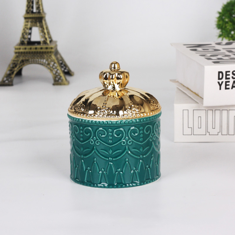European-style Electroplating Ceramic Storage Jar Display Box Crown Jewelry Box with Lid Desktop Ornaments Home Storage Supplies: C
