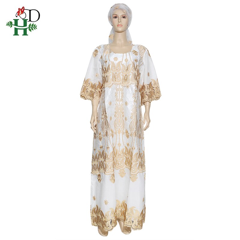 H & D-robe en dentelle d'afrique du sud, Riche Bazin, longue, brodée Dashiki avec couvre-chef, vêtements de fête nigérians africains, collection: WHITE / XXXL