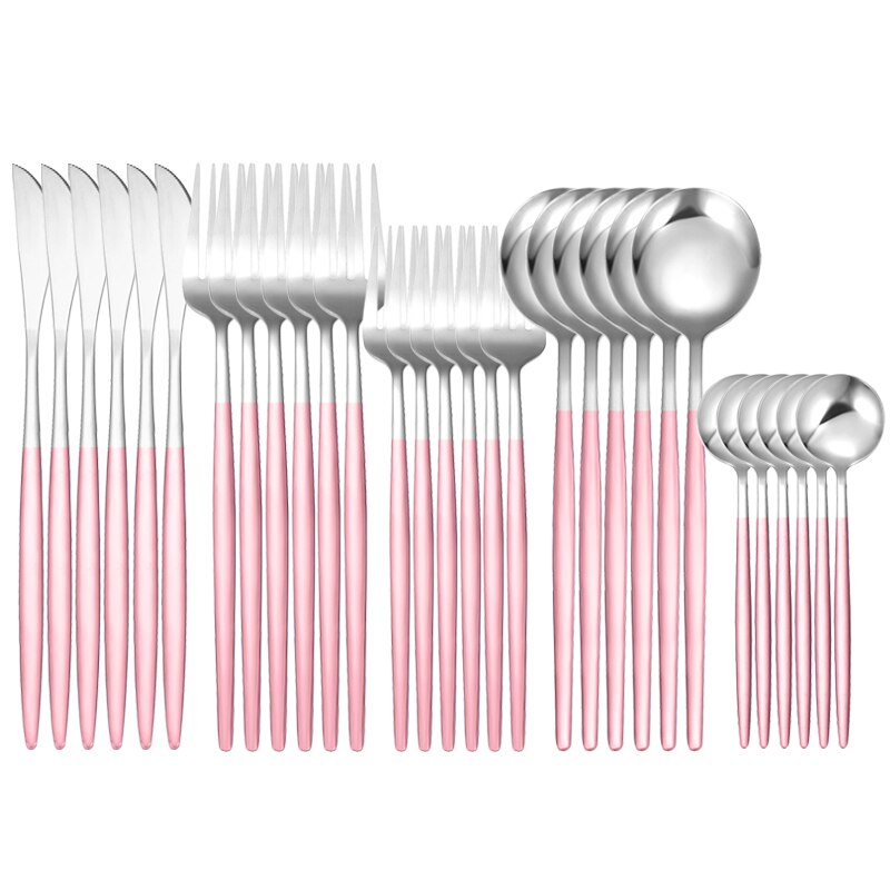 30Pcs White Gold Dinnerware Set Stainless Steel Knife Fork Spoon Cutlery Set Kitchen Tableware Set Flatware Set: 30Pcs Pink Silver