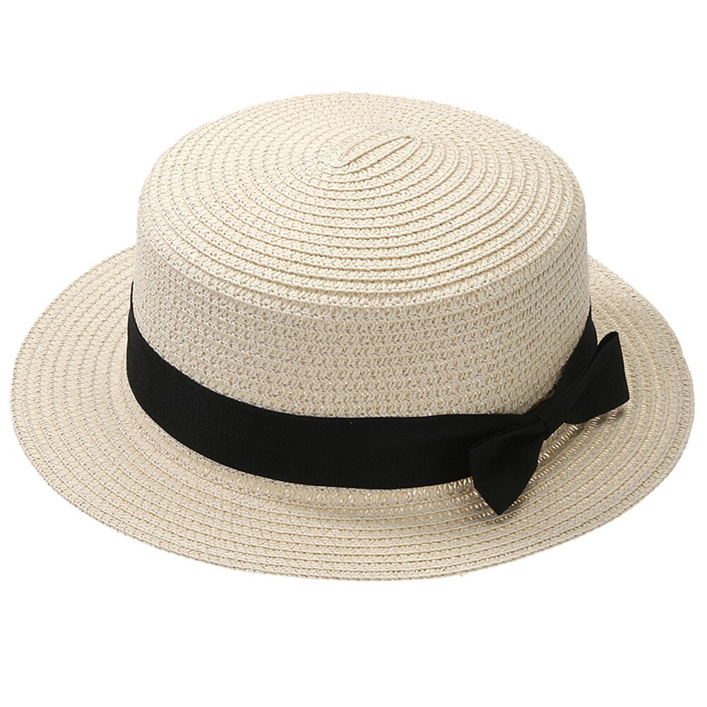 Simple Summer Parent-child Beach Hat Female Casual Panama Hat Lady Women Flat Wide Brim Bowknot Straw cap girls Sun Hat: White / Child