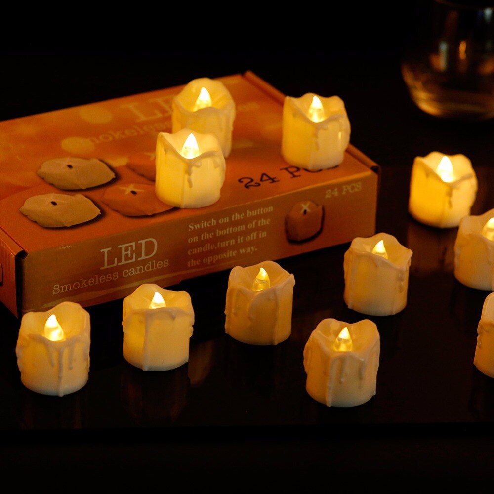 Bougies votives sans flamme de 12 | Bougies réalistes à piles et à lumière scintillante, de couleur blanc et ambre, pour mariage