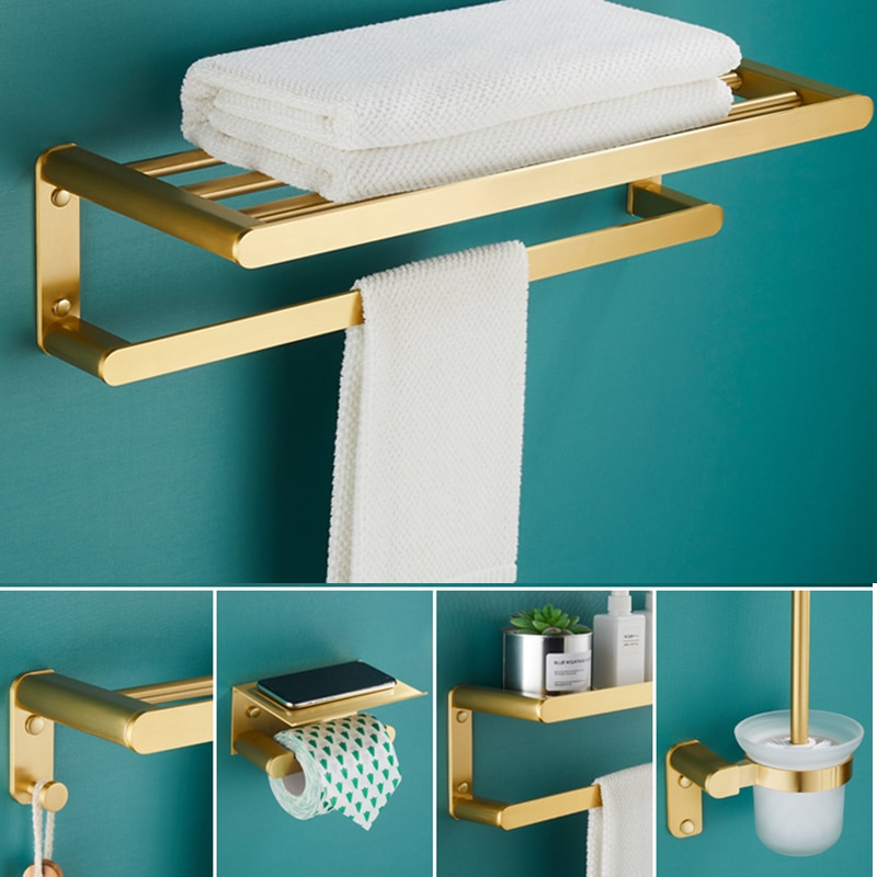 Luxury Brushed Gold Bathroom Towel Rack Adhesive B... – Grandado
