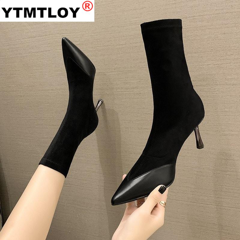 lack Boots High Heels Women Shoes Suede Short Boots Winter Shoes Women Pointed Toe Boots Botas De Mujer Ankle Rome Sock