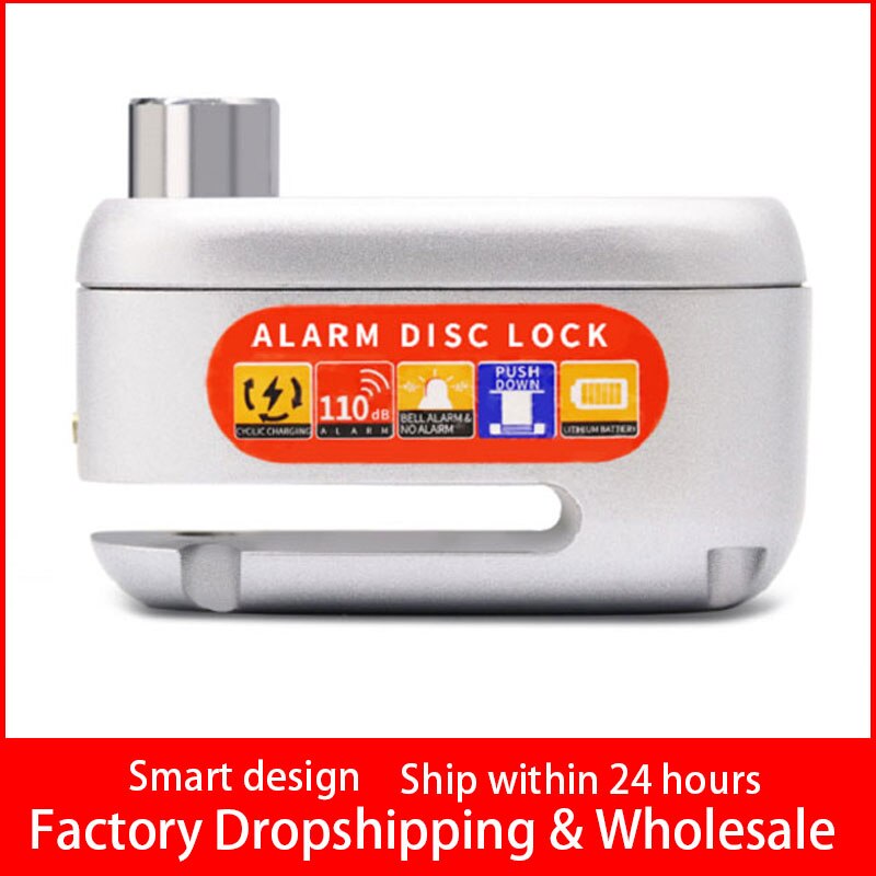 Lock-Motor Anti Theft Security Disc Brake Lock USB Charging Waterproof Alarm Disc Brake Lock 110db Alarm Locks+Reminder Cable: Silver no rope