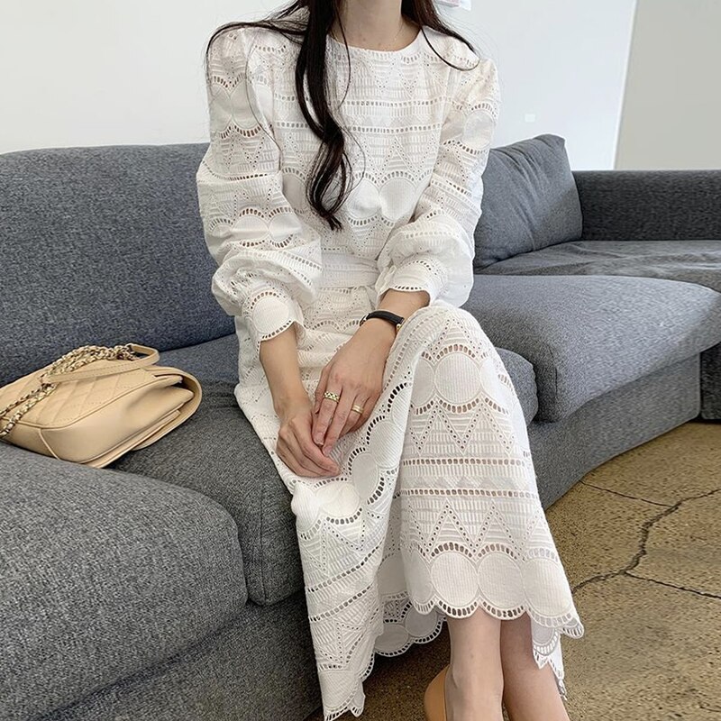 SuperAen francuski styl dworski O szyi koronki drążą stałe talii bufiaste rękawy połowy łydki sukienki dla kobiet