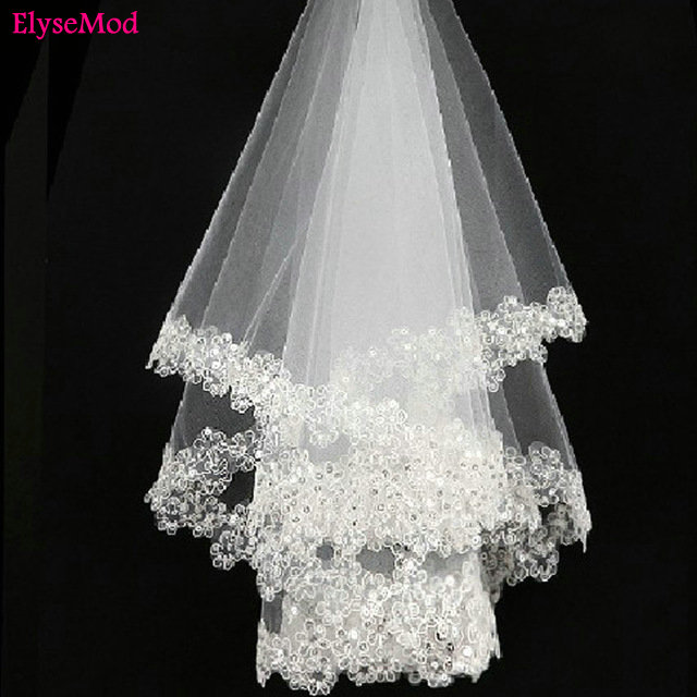 Ivoire blanc mariage voile mariage accessoires dentelle pas cher Stock paillettes dentelle bord une couche mariage voile mariée voile 60 cm