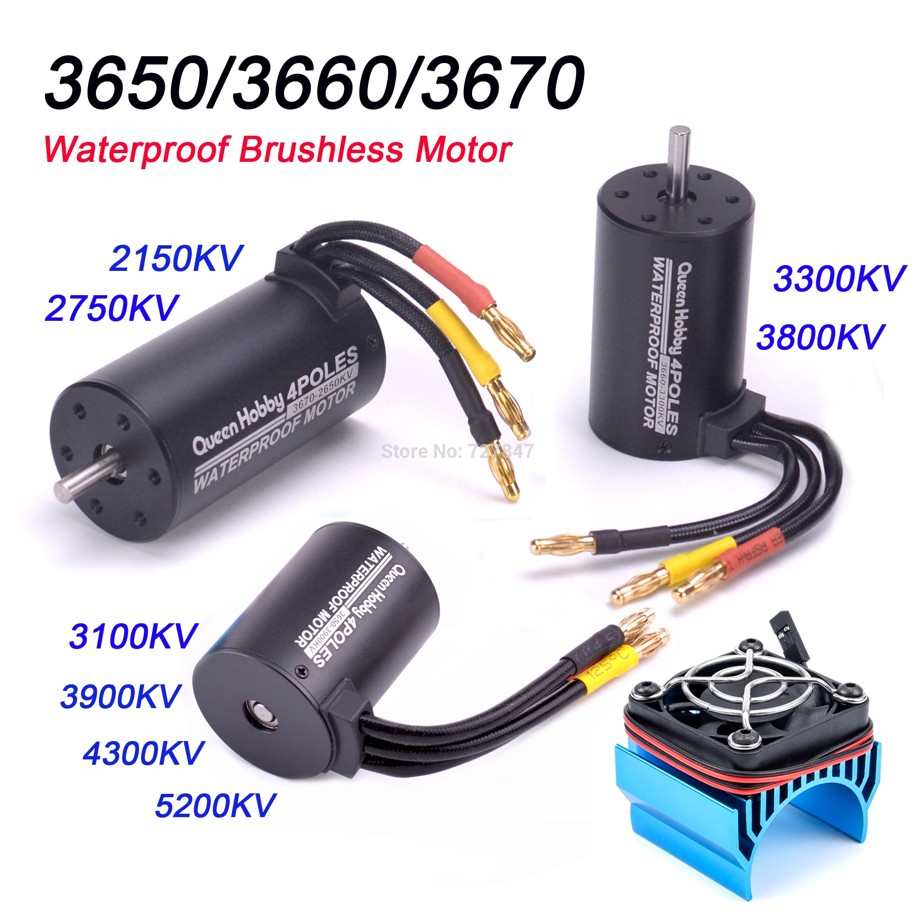 3650 3100KV/3900KV/4300KV/5200KV & 3660 3300KV/3800KV & 3670 2150KV/2650KV Waterproof Brushless Motor for 1/ 8 1/10 RC Car