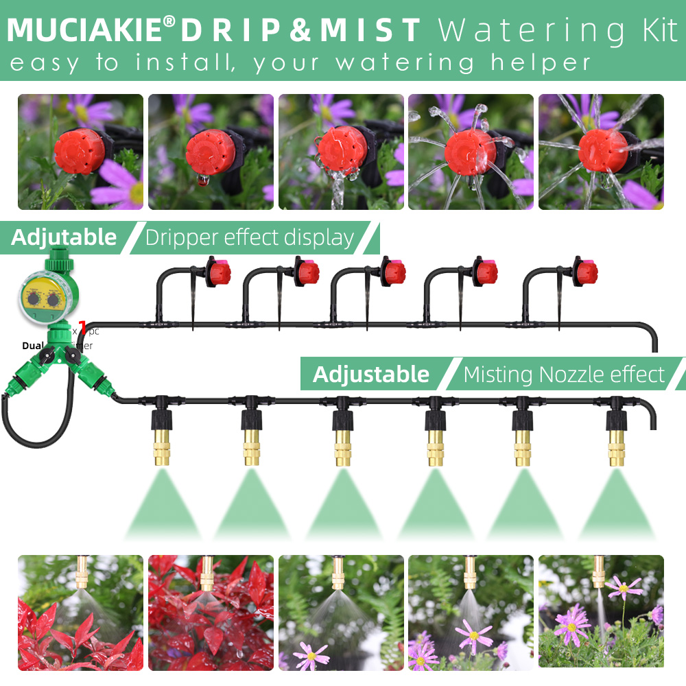 10-50M Tuinirrigatiesysteem 1/4 '' Automatische druppelbewatering Messing Vernevelingsspray 2-IN-1 Huis voor Balcory Yard Kasboerderij
