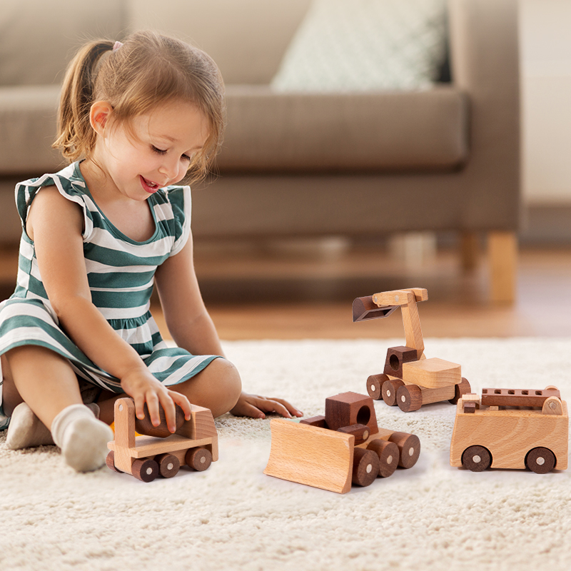 Giocattoli in Legno di Faggio, Blocchi a Forma di Auto, Escavatore Cartoon, Giocattoli Educativi Montessori, Ambulanza e Auto della Polizia per Bambini, Regalo di Compleanno