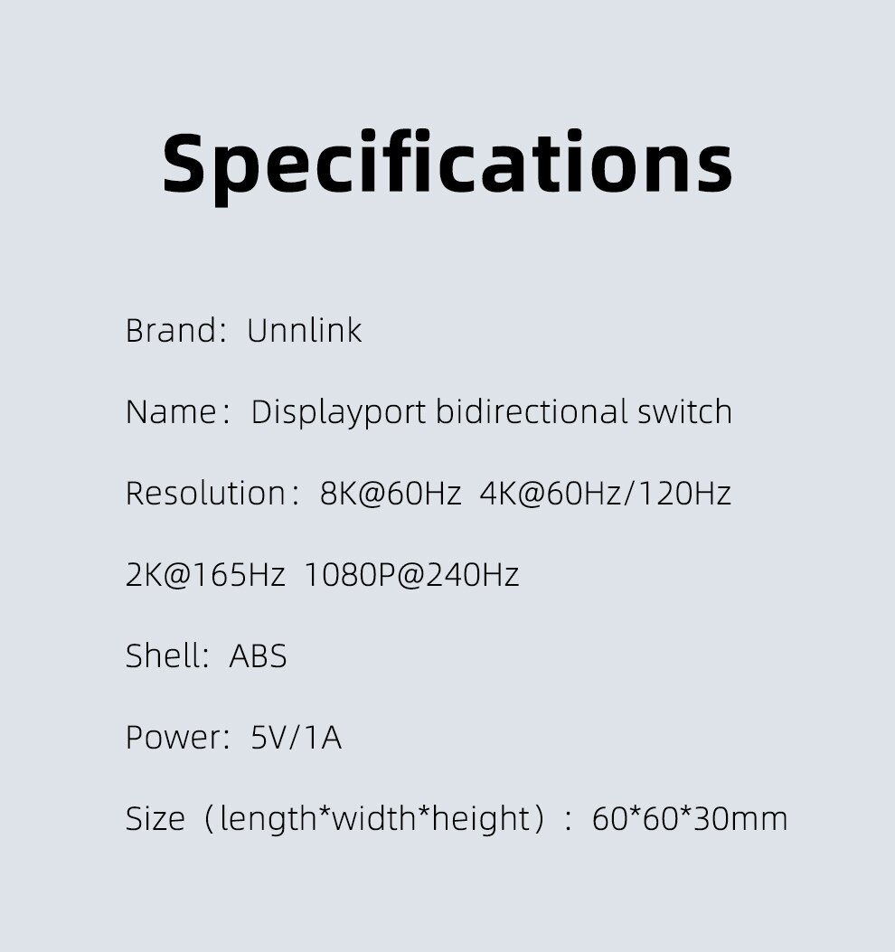 Unnlink DP 1.4 Switch Splitter Bi-directional AB Displayport Switcher 2X1 4K60 2K1080 144 Adapter for monitor computer pc laptop