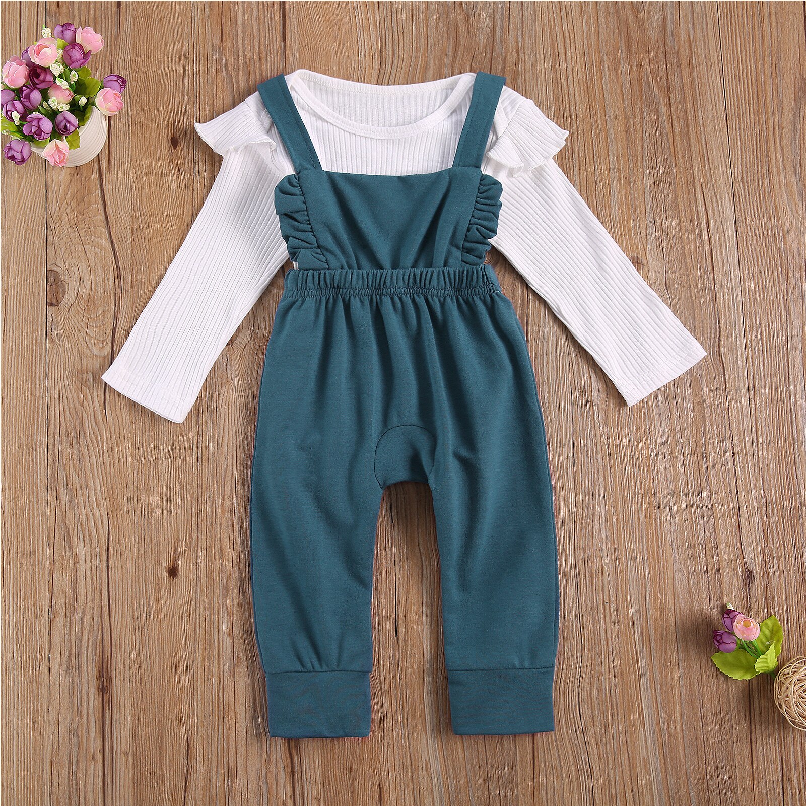 FOCUSNORM 0-24M Autumn Infant Baby Girls Boys Clothes Sets Solid Ruffles Long Sleeve Romper Tops+Bib Overalls Pants 5 Colors