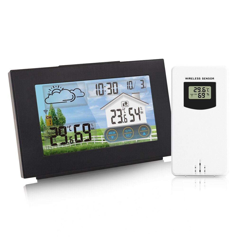 Draadloos weerstation voorspeller binnen- en buitenthermometer hygrometer met sensor kleuren touchscreen wekker kalender