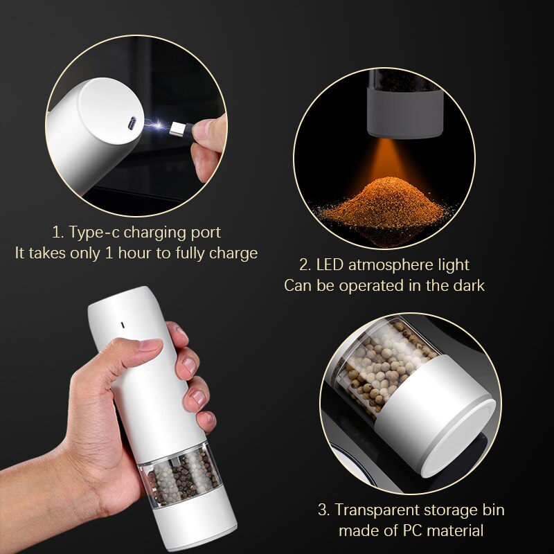 1/2Pcs Electric Pepper Grinder Sets USB Rechargeable Spice Mill Grinder with LED Light Adjustable Kitchen Grinding Gadgets