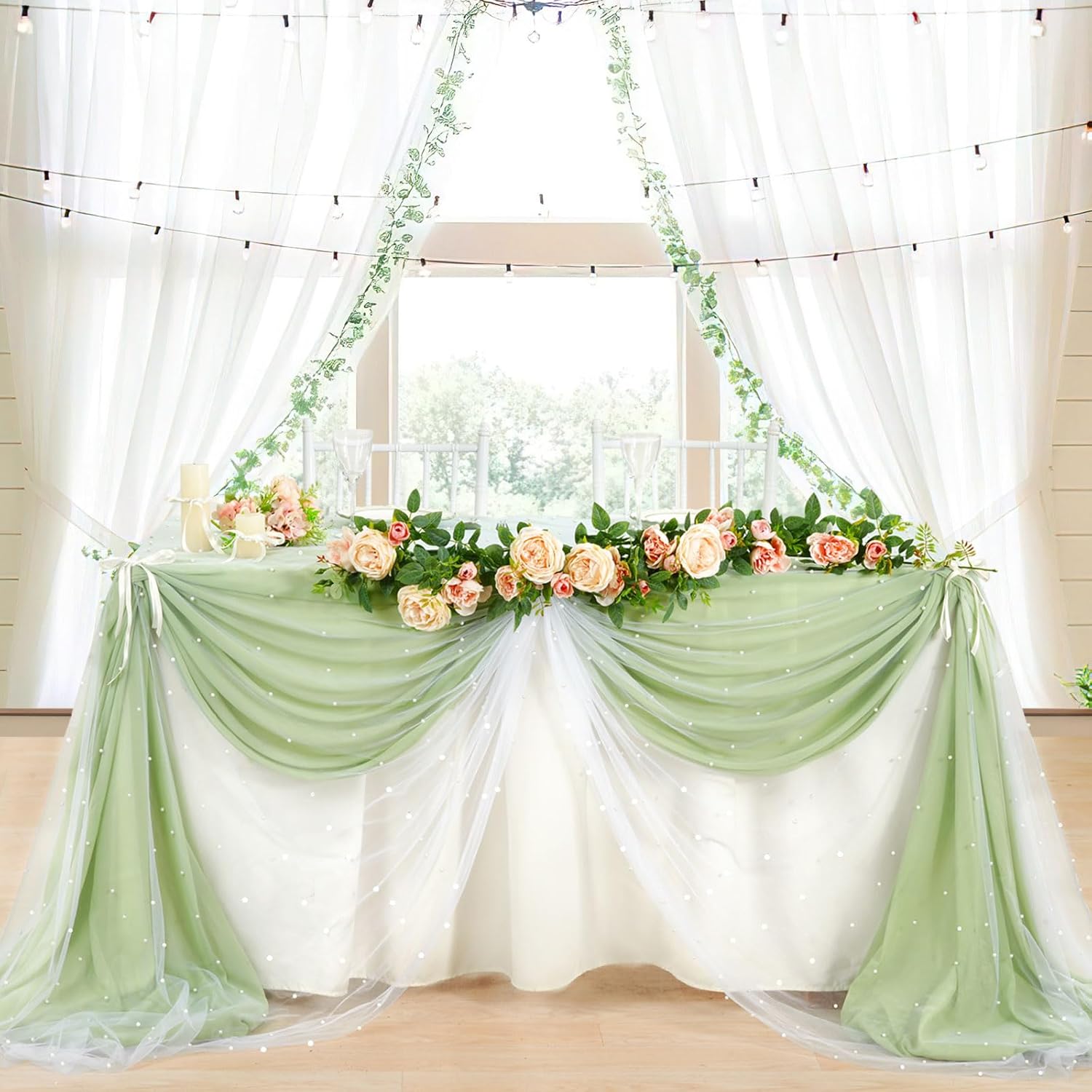 Pearl Table Cloth Wedding Table Runner Decor Tulle Fabric Lace Table Runner for Birthday Party Wedding Arch Veil Decorations