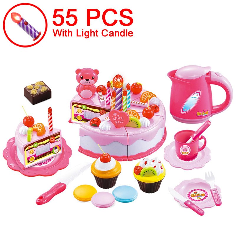 37-80PCS di Frutta FAI DA TE Taglio Giochi di imitazione Torta Di Compleanno Delle Ragazze Da Cucina Cibo Giocattoli Cocina De Juguete Rosa Blu Giocattolo regali Per I Bambini: 55 Pink With Candle