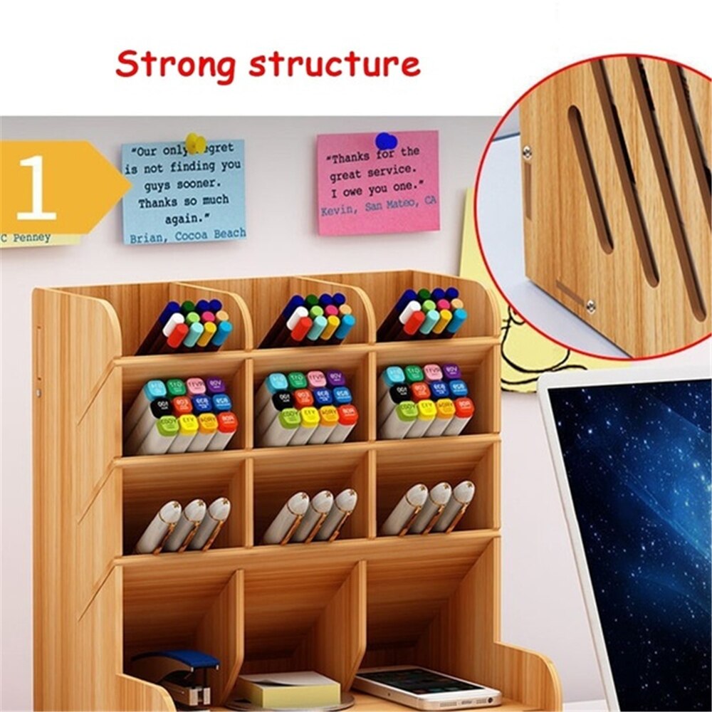 Træ arrangør blyant holder multifunktionel diy papirvarer desktop opbevaringsboks skuffe skoleartikler Grandado